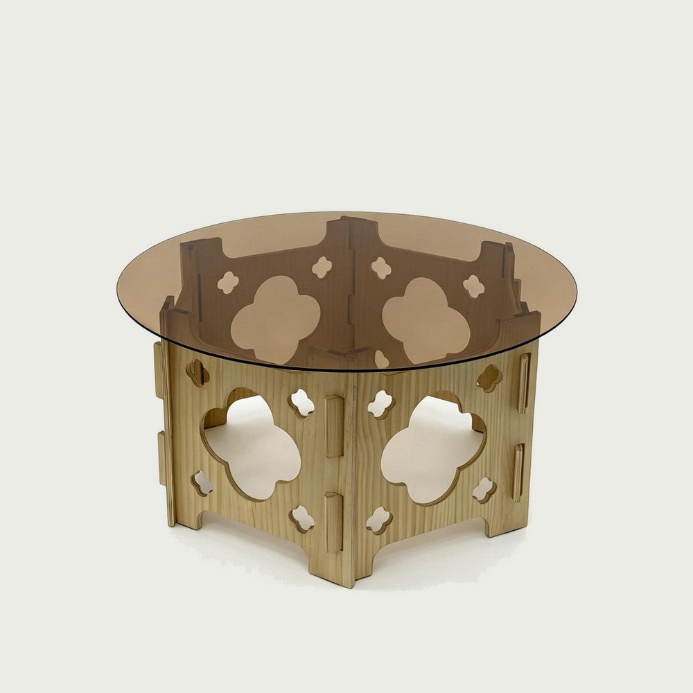 Bekko Round Coffee Table with Glass Top, Carved Natural Wood Base 32 Inch - BM355119