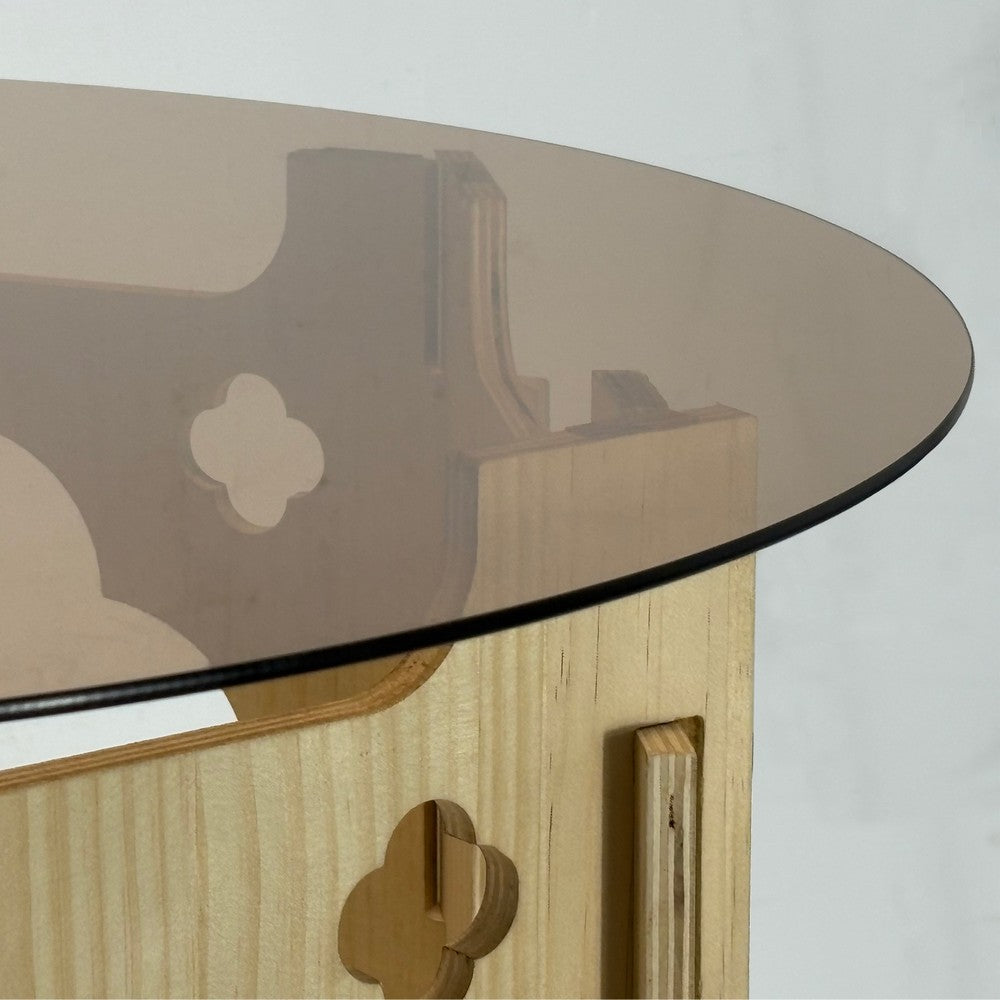 Bekko Round Coffee Table with Glass Top, Carved Natural Wood Base 32 Inch - BM355119