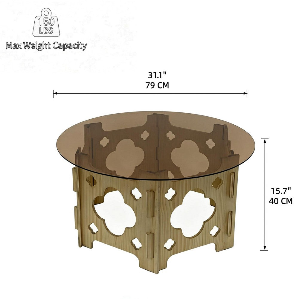 Bekko Round Coffee Table with Glass Top, Carved Natural Wood Base 32 Inch - BM355119