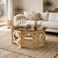 Bekko Round Coffee Table with Glass Top, Carved Natural Wood Base 32 Inch - BM355119