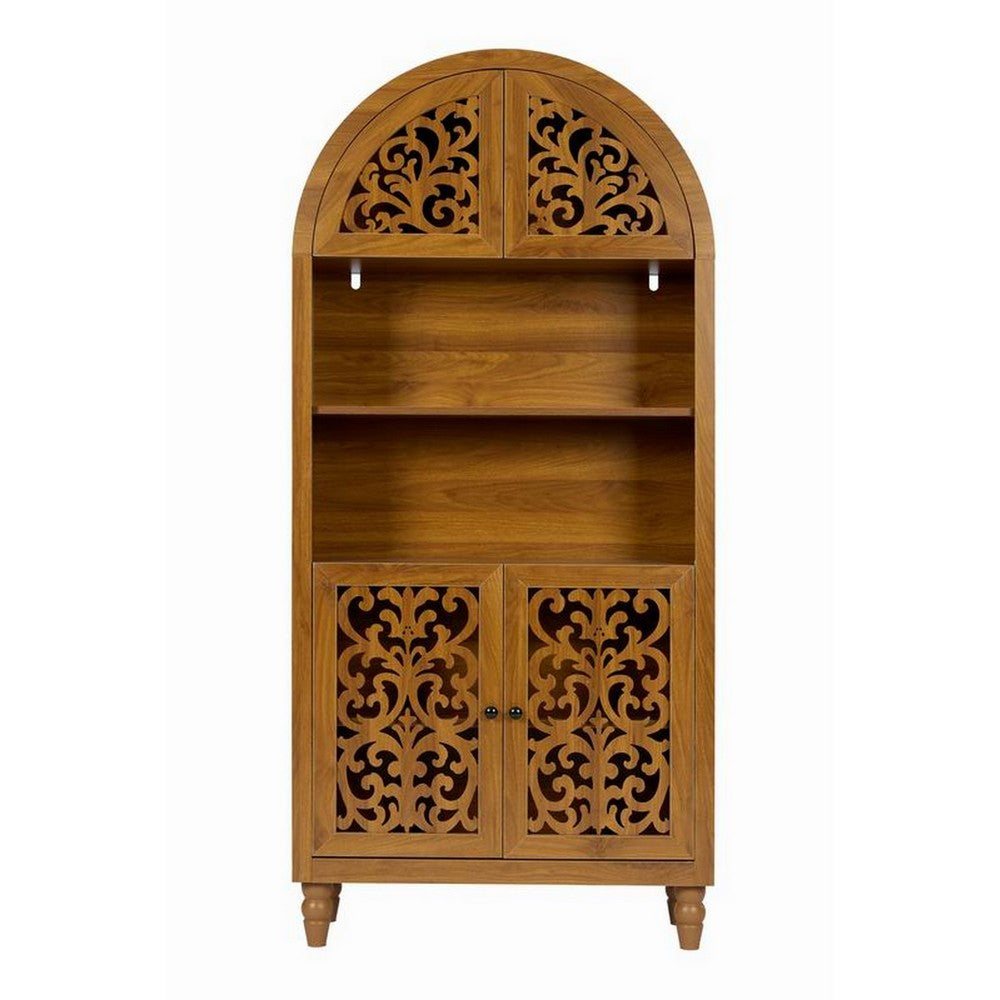 Carlos Arched Storage Cabinet, Carved Details, Open Shelves, Walnut 67 Inch - BM355121