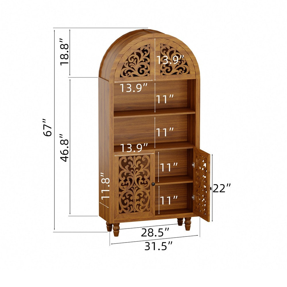 Carlos Arched Storage Cabinet, Carved Details, Open Shelves, Walnut 67 Inch - BM355121