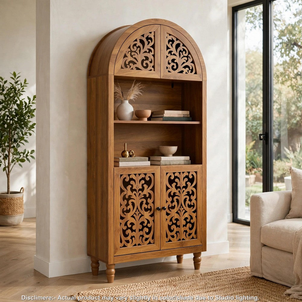 Carlos Arched Storage Cabinet, Carved Details, Open Shelves, Walnut 67 Inch - BM355121