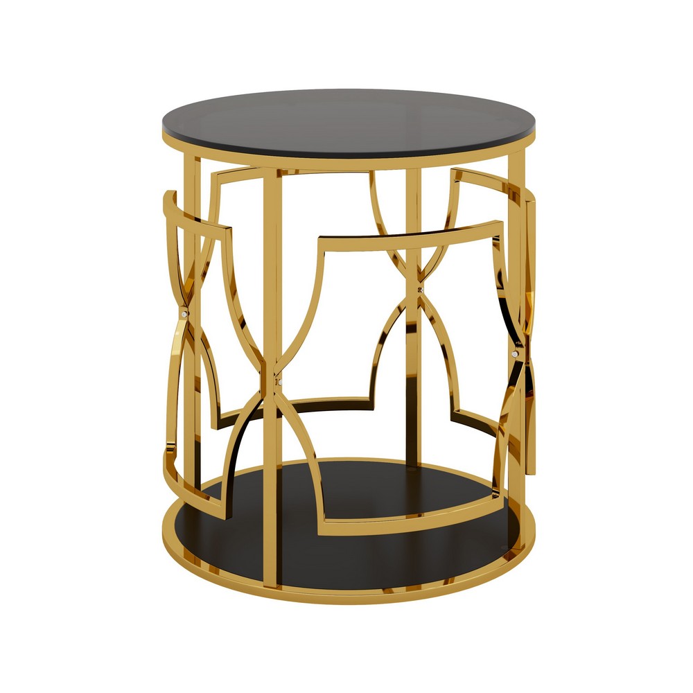 Bezzo Gold Round Side Table, Black Glass Top and Shelf, Metal Base, 22 Inch - BM355125