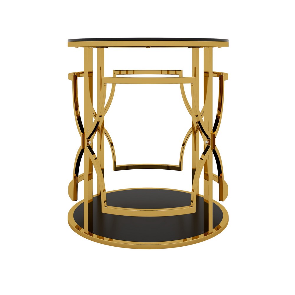 Bezzo Gold Round Side Table, Black Glass Top and Shelf, Metal Base, 22 Inch - BM355125