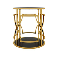 Bezzo Gold Round Side Table, Black Glass Top and Shelf, Metal Base, 22 Inch - BM355125