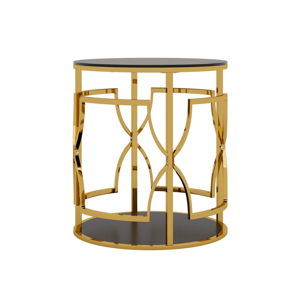 Bezzo Gold Round Side Table, Black Glass Top and Shelf, Metal Base, 22 Inch - BM355125