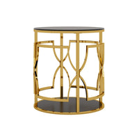 Bezzo Gold Round Side Table, Black Glass Top and Shelf, Metal Base, 22 Inch - BM355125
