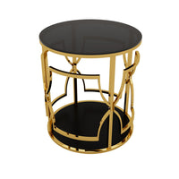 Bezzo Gold Round Side Table, Black Glass Top and Shelf, Metal Base, 22 Inch - BM355125