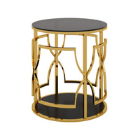 Bezzo Gold Round Side Table, Black Glass Top and Shelf, Metal Base, 22 Inch - BM355125