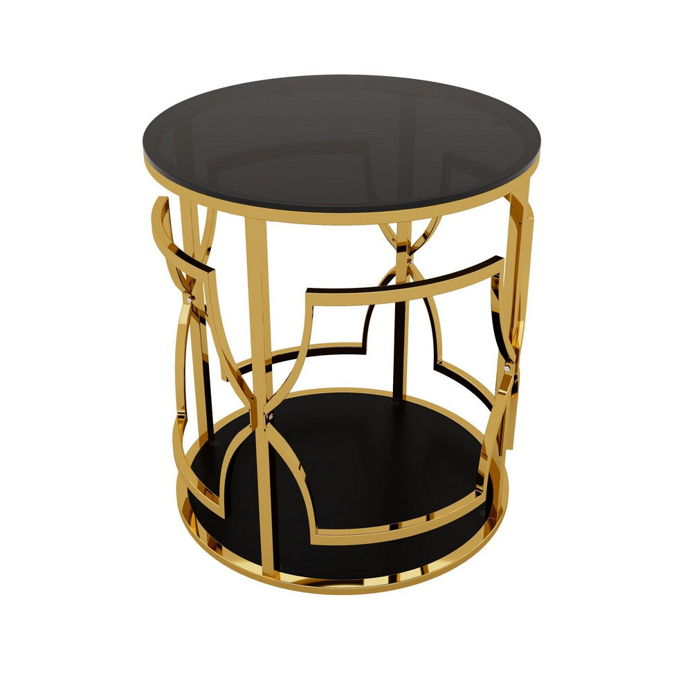 Bezzo Gold Round Side Table, Black Glass Top and Shelf, Metal Base, 22 Inch - BM355125