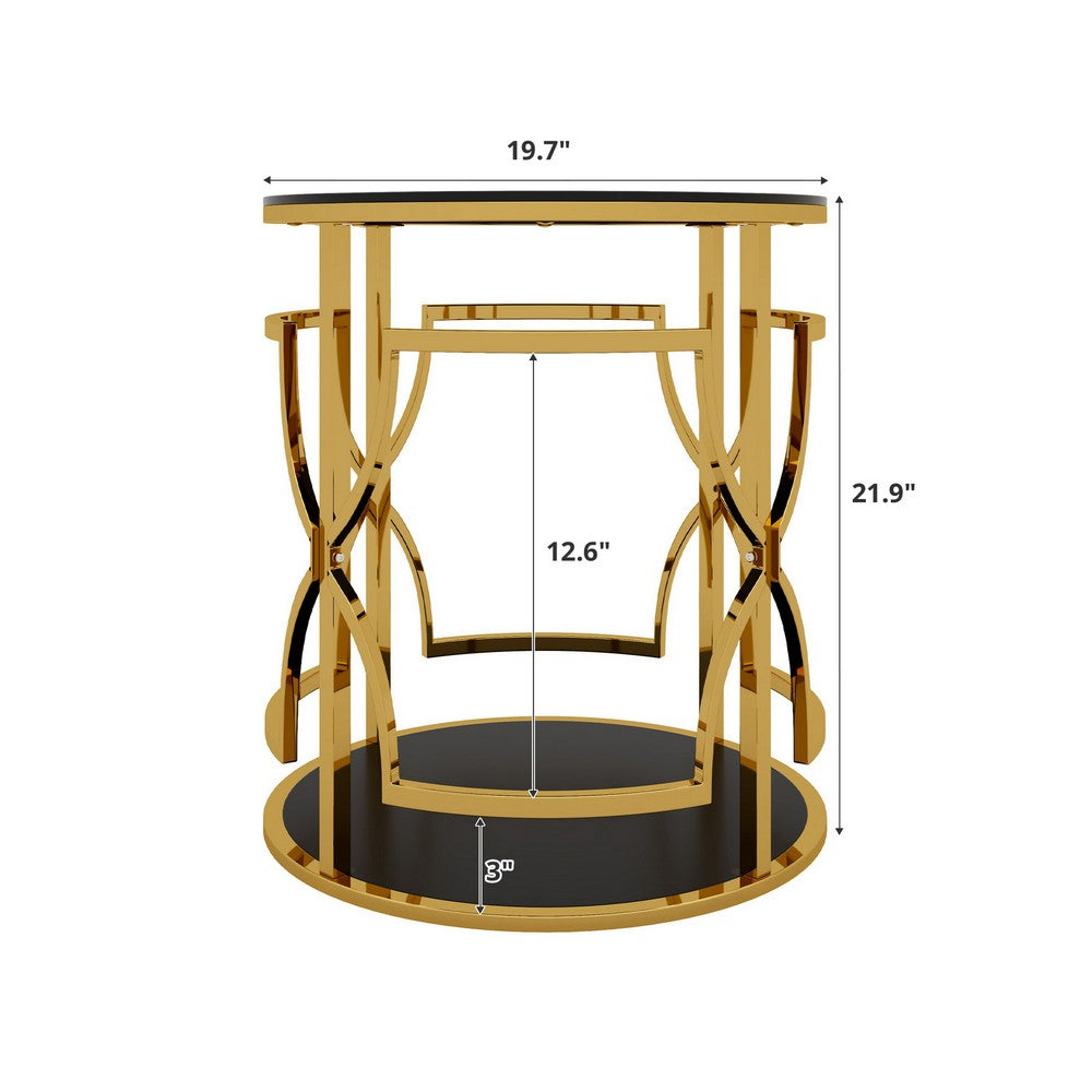 Bezzo Gold Round Side Table, Black Glass Top and Shelf, Metal Base, 22 Inch - BM355125