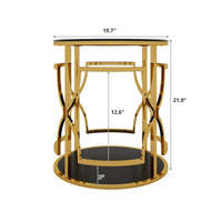 Bezzo Gold Round Side Table, Black Glass Top and Shelf, Metal Base, 22 Inch - BM355125