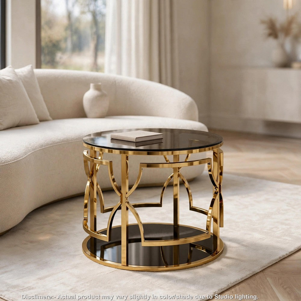 Bezzo Gold Round Side Table, Black Glass Top and Shelf, Metal Base, 22 Inch - BM355125