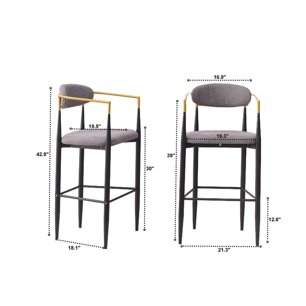 Avime Modern Barstool Chair, Set of 2, Gold Metal Armrests, Gray Fabric - BM355127