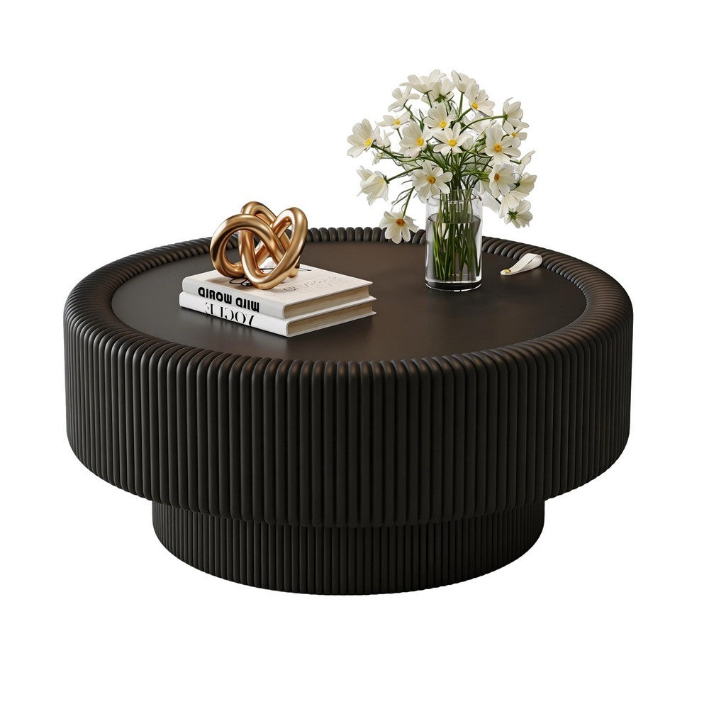 Inara Modern Storage Coffee Table, Tempered Glass, Black Fluted Base 32 Inch - BM355129