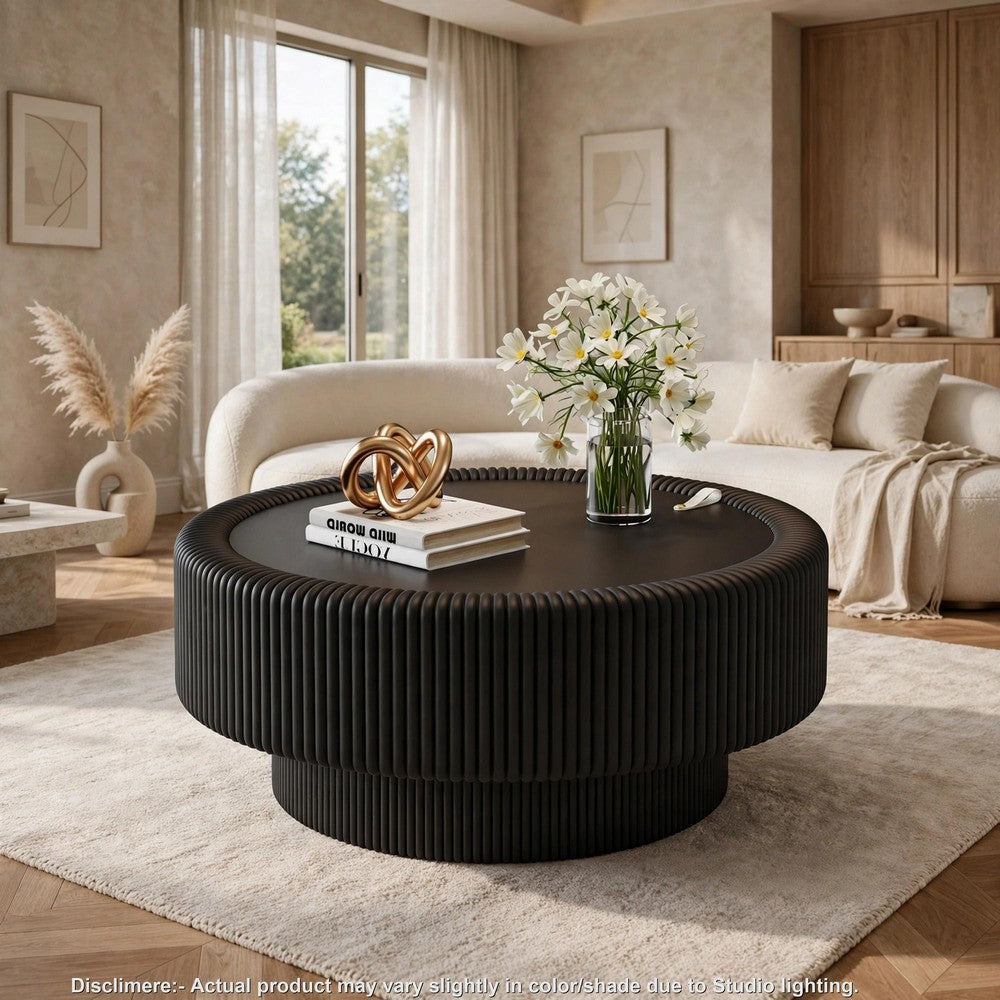 Inara Modern Storage Coffee Table, Tempered Glass, Black Fluted Base 32 Inch - BM355129