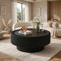 Inara Modern Storage Coffee Table, Tempered Glass, Black Fluted Base 32 Inch - BM355129