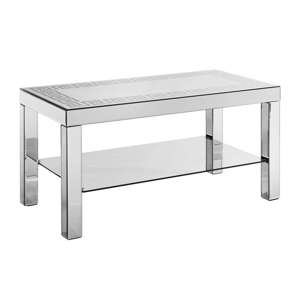 Franco Mirrored Coffee Table, Diamond Border, Glass Shelf, Silver Wood 40 Inch - BM355133