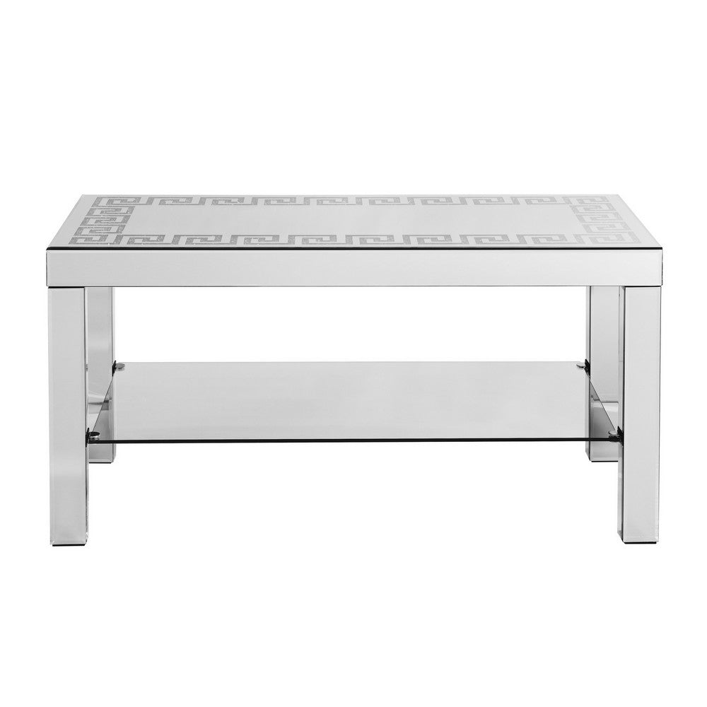 Franco Mirrored Coffee Table, Diamond Border, Glass Shelf, Silver Wood 40 Inch - BM355133