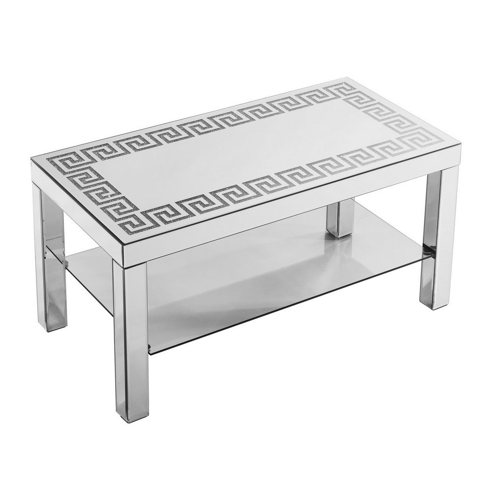 Franco Mirrored Coffee Table, Diamond Border, Glass Shelf, Silver Wood 40 Inch - BM355133