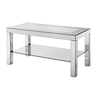 Franco Mirrored Coffee Table, Diamond Border, Glass Shelf, Silver Wood 40 Inch - BM355133