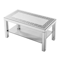Franco Mirrored Coffee Table, Diamond Border, Glass Shelf, Silver Wood 40 Inch - BM355133