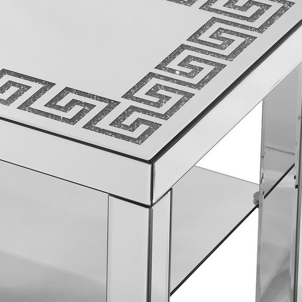 Franco Mirrored Coffee Table, Diamond Border, Glass Shelf, Silver Wood 40 Inch - BM355133