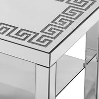 Franco Mirrored Coffee Table, Diamond Border, Glass Shelf, Silver Wood 40 Inch - BM355133