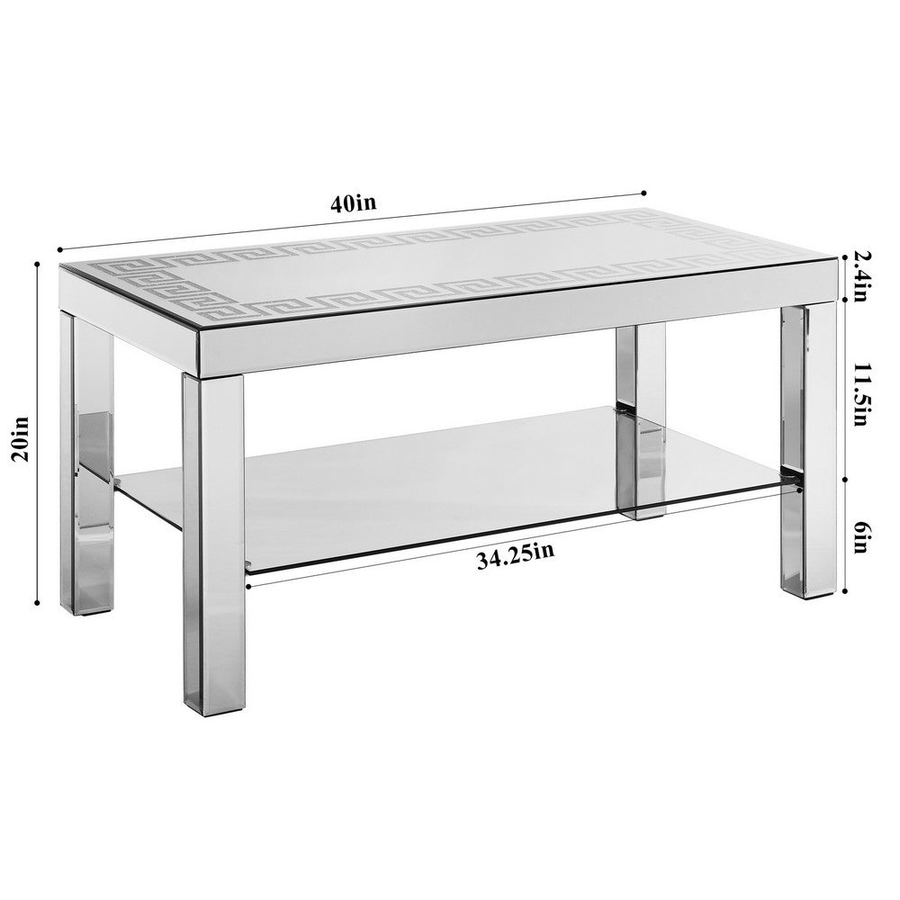 Franco Mirrored Coffee Table, Diamond Border, Glass Shelf, Silver Wood 40 Inch - BM355133