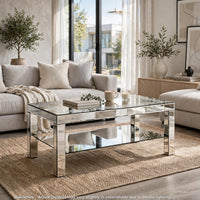 Franco Mirrored Coffee Table, Diamond Border, Glass Shelf, Silver Wood 40 Inch - BM355133