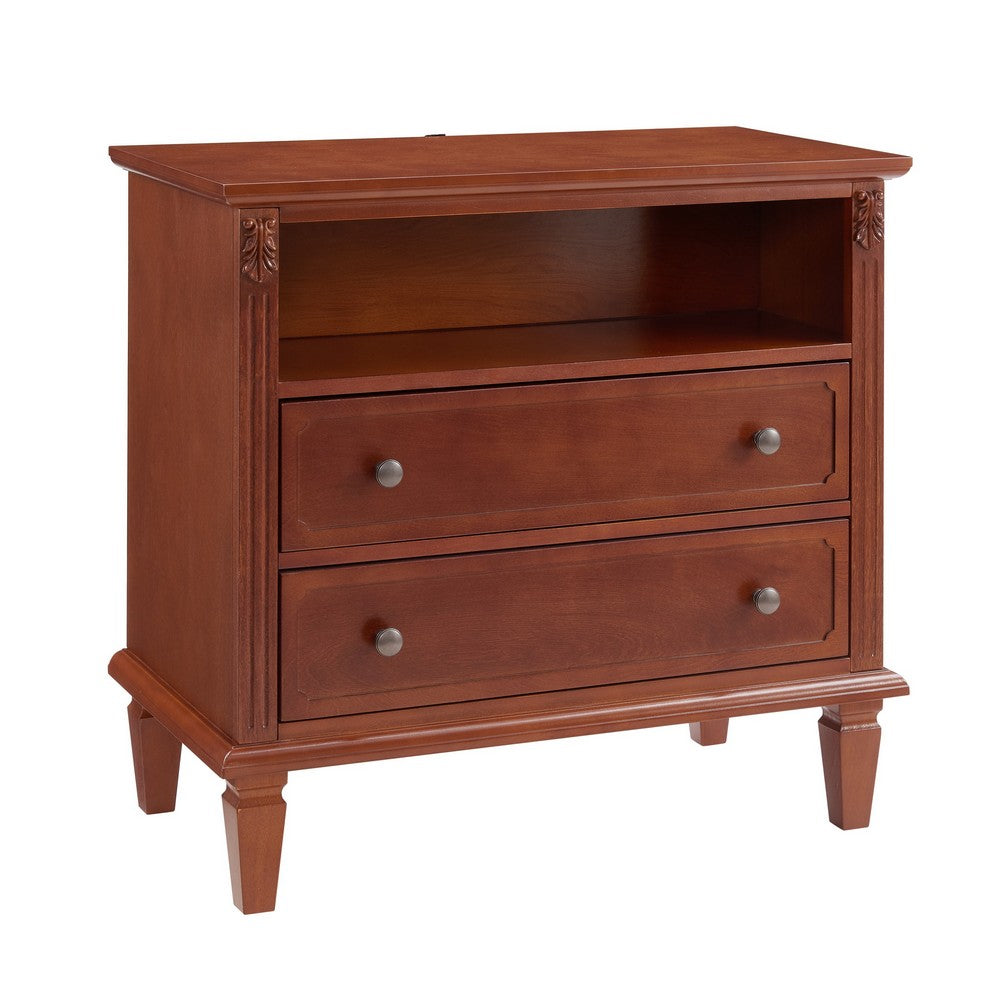 Cyna Nightstand with USB Ports, 2 Drawers and Shelf, Walnut Brown Wood - BM355137