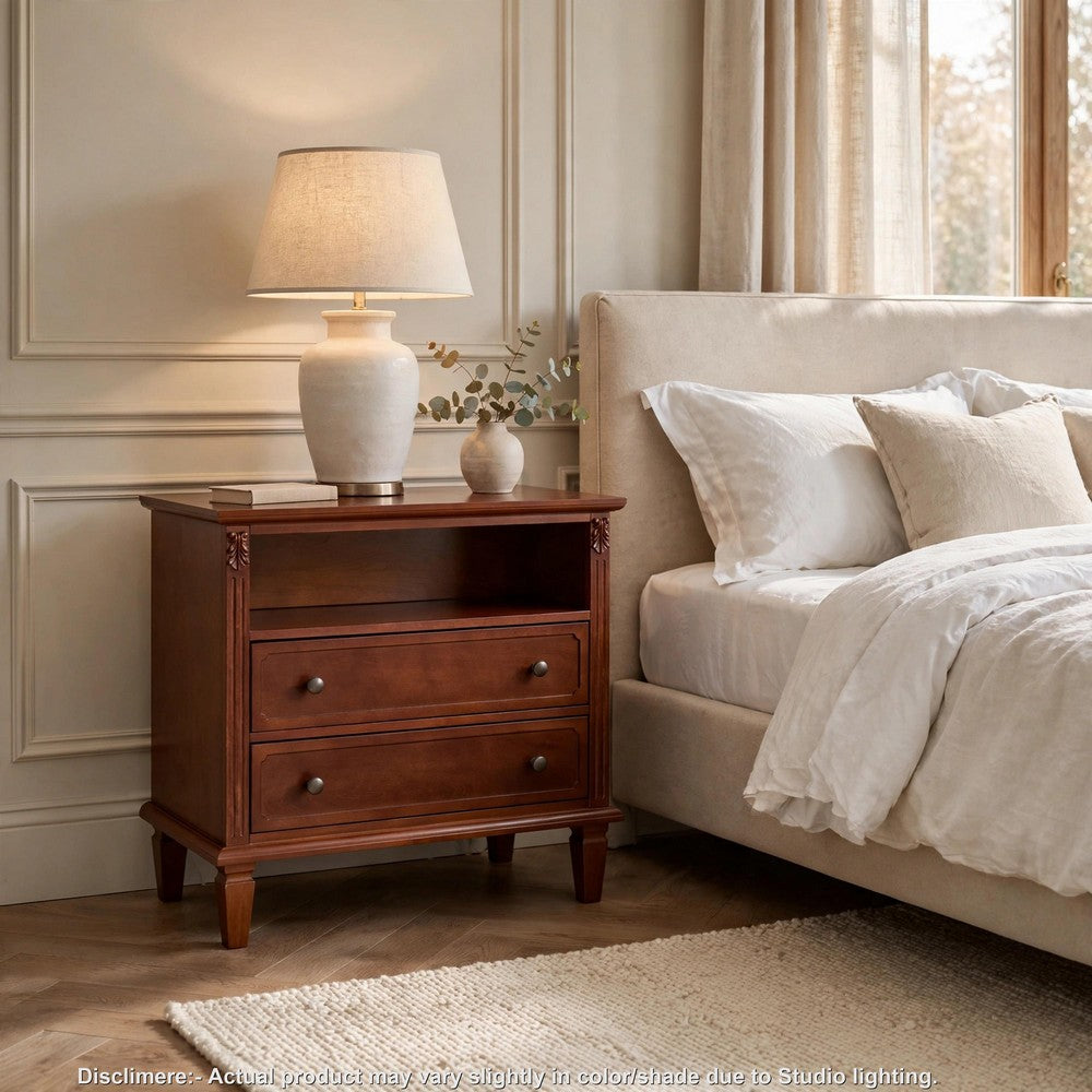 Cyna Nightstand with USB Ports, 2 Drawers and Shelf, Walnut Brown Wood - BM355137