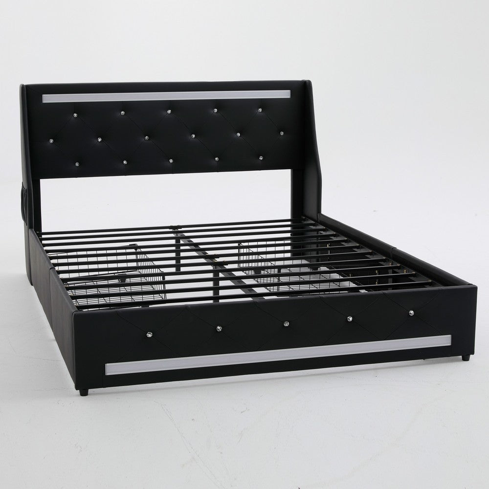 Lesly Storage Full Bed, LED Wingback Headboard, Black Faux Leather - BM355139