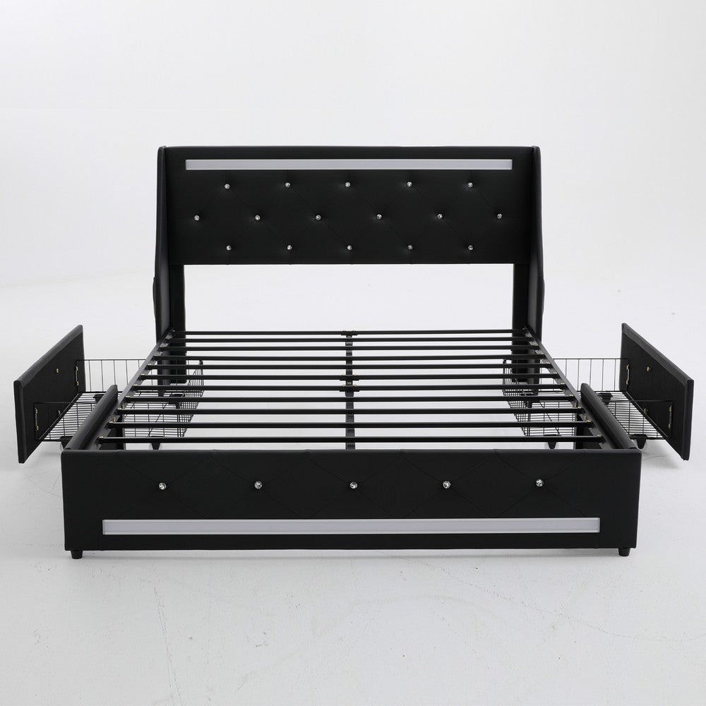 Lesly Storage Full Bed, LED Wingback Headboard, Black Faux Leather - BM355139