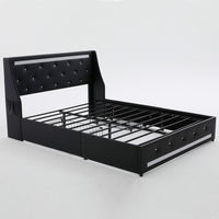 Lesly Storage Full Bed, LED Wingback Headboard, Black Faux Leather - BM355139