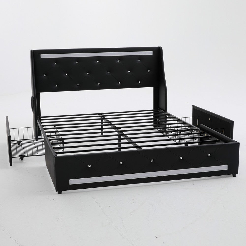 Lesly Storage Full Bed, LED Wingback Headboard, Black Faux Leather - BM355139