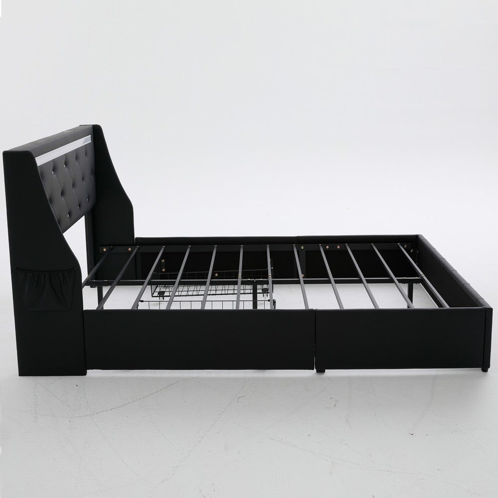 Lesly Storage Full Bed, LED Wingback Headboard, Black Faux Leather - BM355139