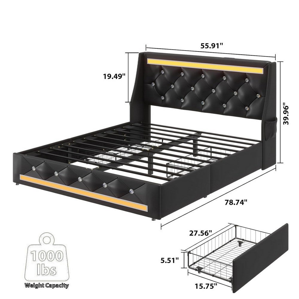 Lesly Storage Full Bed, LED Wingback Headboard, Black Faux Leather - BM355139