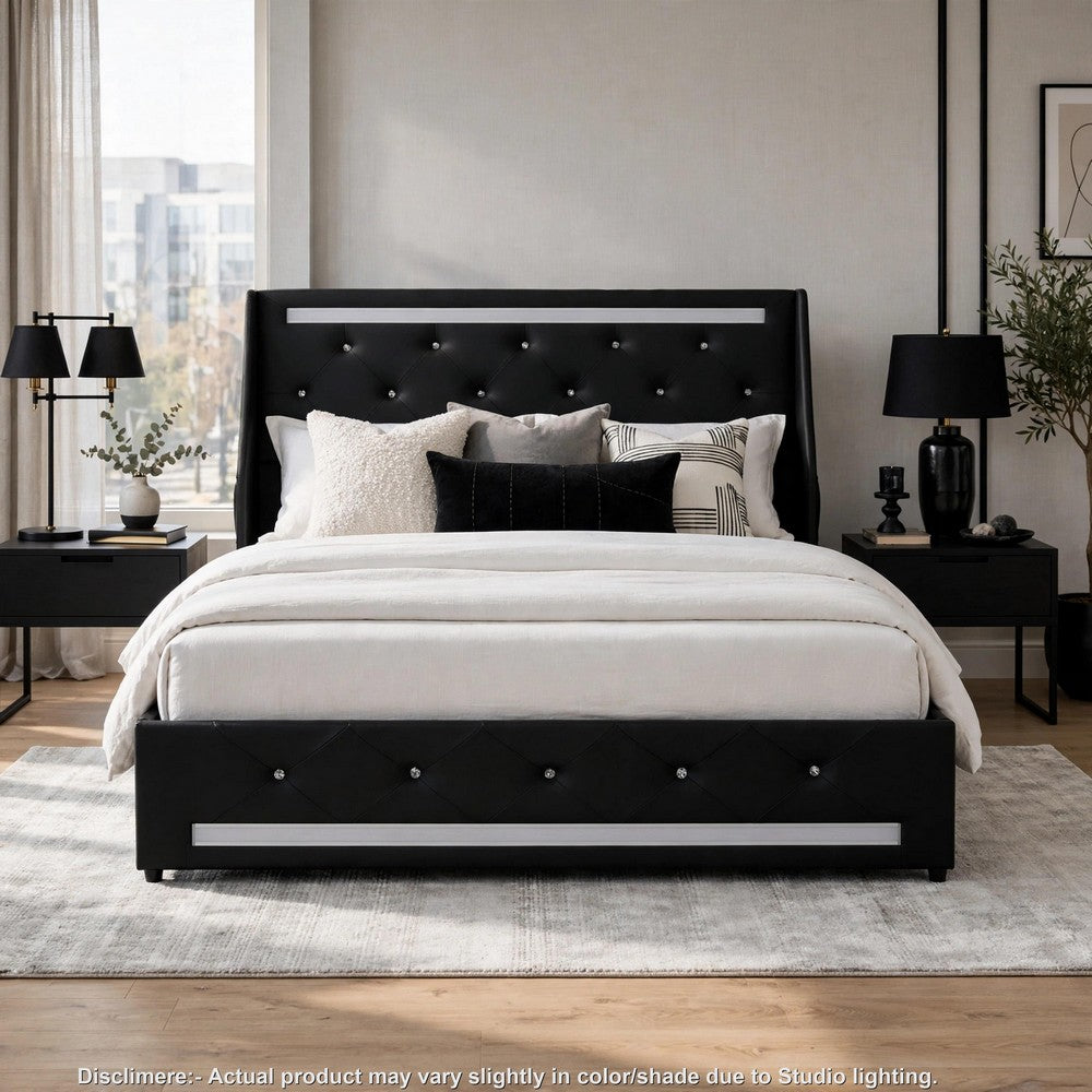 Lesly Storage Full Bed, LED Wingback Headboard, Black Faux Leather - BM355139