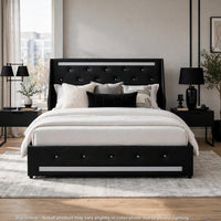 Lesly Storage Full Bed, LED Wingback Headboard, Black Faux Leather - BM355139