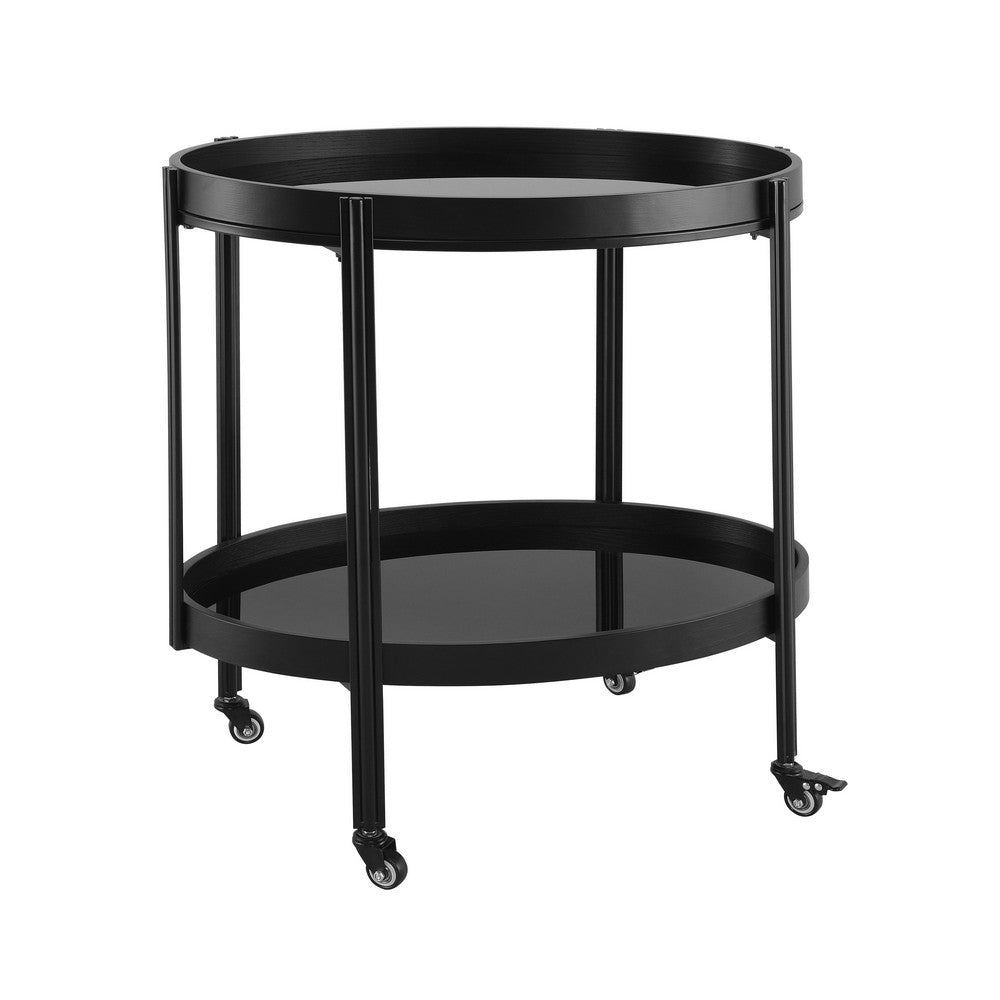 Wyna Serving Bar Cart with Tempered Glass Shelves, Casters, Black Wood 31 Inch - BM355140