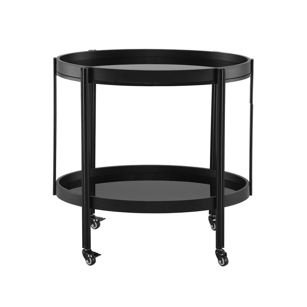 Wyna Serving Bar Cart with Tempered Glass Shelves, Casters, Black Wood 31 Inch - BM355140