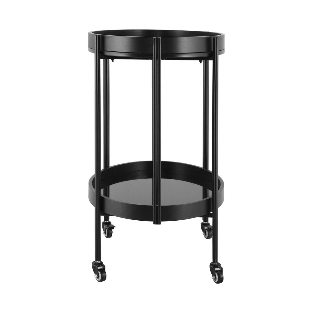 Wyna Serving Bar Cart with Tempered Glass Shelves, Casters, Black Wood 31 Inch - BM355140