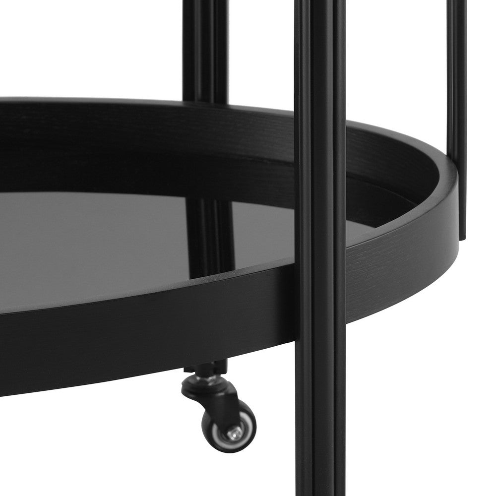 Wyna Serving Bar Cart with Tempered Glass Shelves, Casters, Black Wood 31 Inch - BM355140
