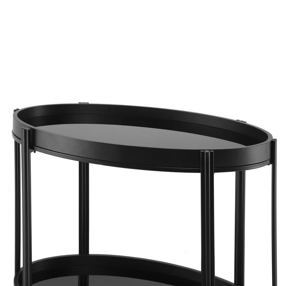 Wyna Serving Bar Cart with Tempered Glass Shelves, Casters, Black Wood 31 Inch - BM355140