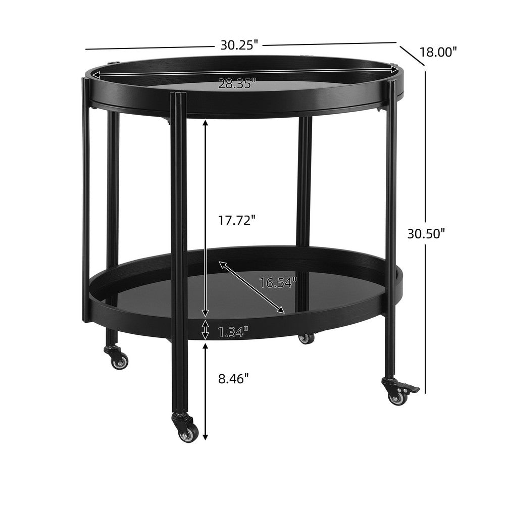 Wyna Serving Bar Cart with Tempered Glass Shelves, Casters, Black Wood 31 Inch - BM355140