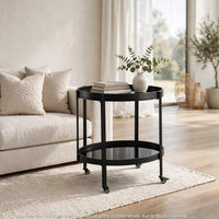 Wyna Serving Bar Cart with Tempered Glass Shelves, Casters, Black Wood 31 Inch - BM355140