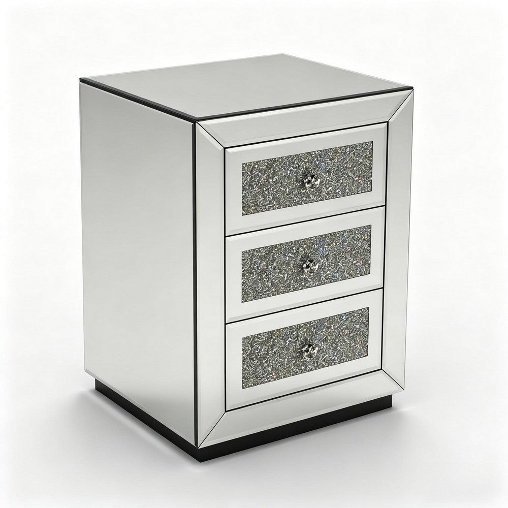 Lily Mirrored Nightstand, 3-Drawers, Glass Front Panels, Silver Wood - BM355142