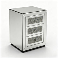 Lily Mirrored Nightstand, 3-Drawers, Glass Front Panels, Silver Wood - BM355142